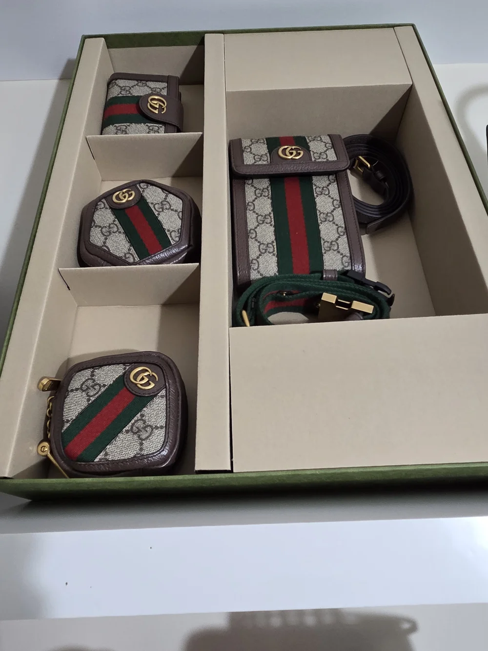 Gucci Beige GG Supreme Canvas Small Pouch Set with Green and Red Web Stripe
